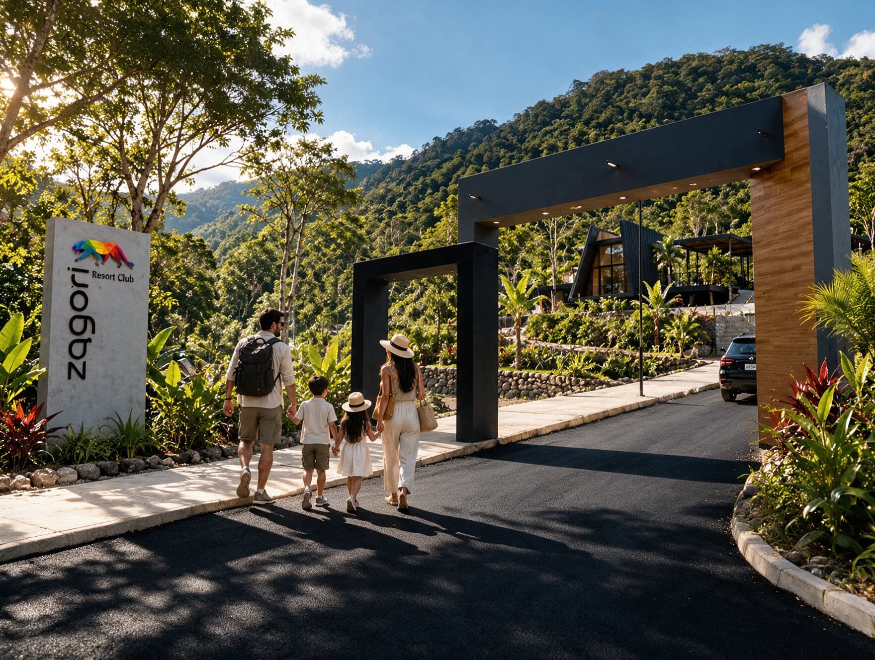 Familia en el pórtico de ingreso de Zagari Resort Club